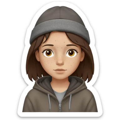 Hobo tomboy with light skin, freckles, shoulder-length center-parted dark brown hair. brown eyes, dark dull brown hoodie, grey shirt. Bolero hat sticker