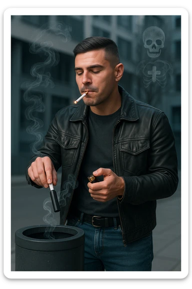 Adult man in casual clothes, inspired by the face in the reference photo, throwing an electronic cigarette into a trash bin while lighting a traditional cigarette with the other hand. Satisfied but unaware expression. In the background, light symbols of smoke and health damage manifesting from both cigarettes. Urban atmosphere, cold light, critical or reflective tone. Realistic style with symbolic accents. sticker