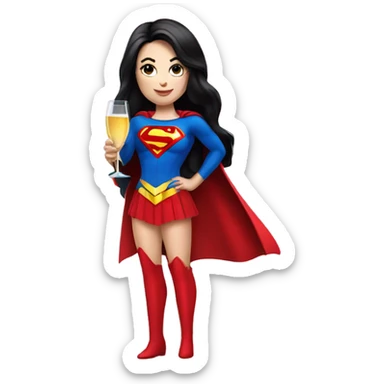 White girl in a superwoman costume with long black hair holding a champagne bottle sticker