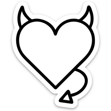 Minimalist devil heart icon in outline style: only black lines, no fill, on a transparent background. Clean and simple design. sticker