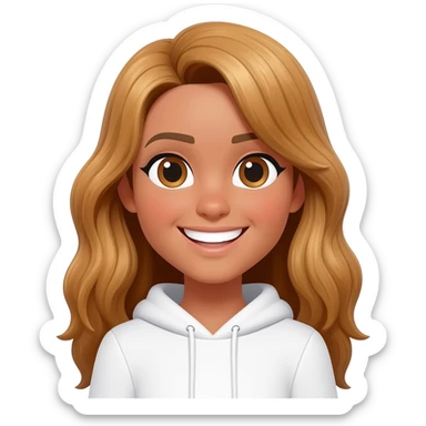 Long, golden-brown hair tied with a bow, wearing a cool white hoodie, honey-colored skin, and a bright smile. sticker