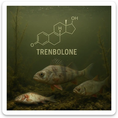 realistic aquatic ecosystem with fish, presence of trenbolone molecules in the water represented by symbols or labels, serious atmosphere, visible negative effects on fish or environment, realistic details sticker