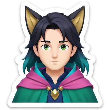 anime man with long-straight-dark-black-gradient hair, long black fox ears with pink Scapha, hazel-gradient-brown-turquoise eyes, gold earring, dark-blue-sweater, green cape,  sticker