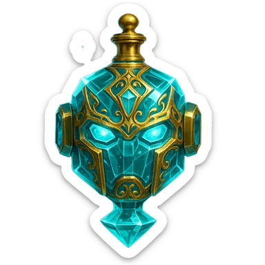 very luxurious crystal elixir bottle in the shape of a robot head, cyan color, lots of glowing, edges, ornaments, golden details, magical effects, very small golden neck, transparent background, beautiful merging bottom, clearly floating in the air, no base or shadow, premium class, futuristic, matching the collection sticker
