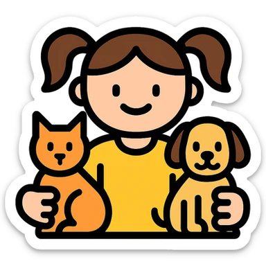 small girl with pigtails holding a cat in one arm and a dog in the other, icon style, clean outline, cheerful expression sticker