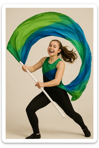 colorguard girl spinning a green and blue flag, dressed in black leggings and a green and blue top, dynamic movement, cheerful expression sticker
