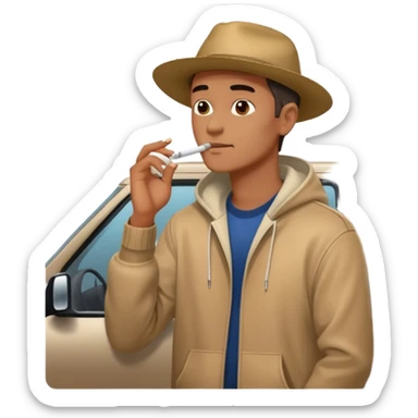 Leaning on the hood of his SUV with a cigarette sticker