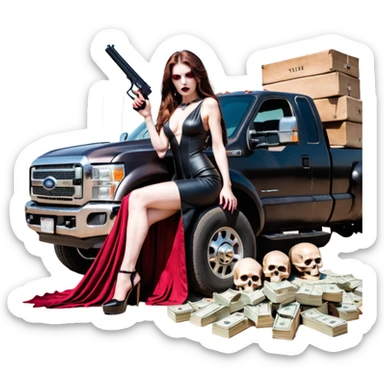 Lilith symbol red eye seductress evil long brown haired sexy succubus woman with leather long dress with slit, sitting in Big Large F350 pickup truck. Black Platform high heels on feet. Back of truck full of stacks of cash, sitting behind her is  a human skull with a gun in other hand sticker