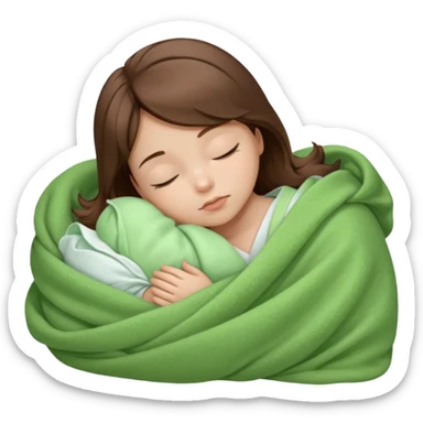 Sleeping child with brown hair wrapped in a light green blanket with a white bow over the blanket sticker
