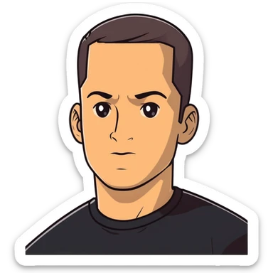 Attractive man in his 40s with youthful appearance, light brown skin, elongated face, defined jawline, medium dark eyes, arched eyebrows, straight nose, handsome friendly expression, short dark hair styled upward, athletic build, wearing a fitted black t-shirt sticker