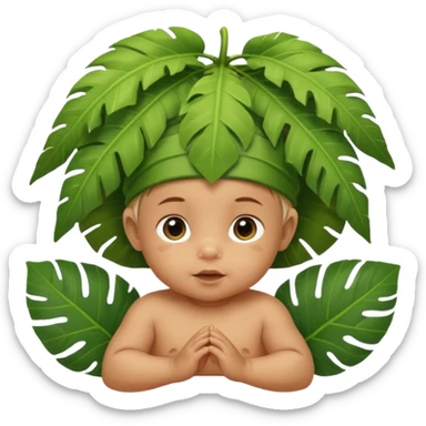 a baby with jungle wearing a large leaf headgear bye  sticker
