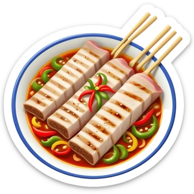 Twice Cooked Pork slices with leek and peppers, simplified emoji style with bold outlines and bright colors, cartoon style Hui Guo Rou Sichuan specialty sticker