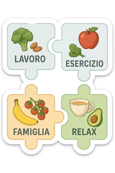 Puzzle (Lavoro, Esercizio, Famiglia, Relax), and healthy foods are integrated into each piece. in italiano sticker