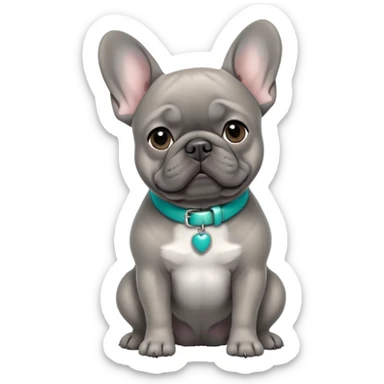 Grey French bulldog with turquoise collar sitting facing forward sticker
