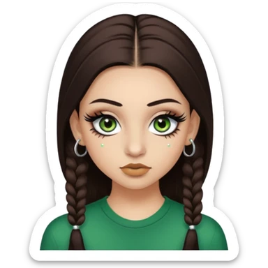 Y2k style Girl with: long, straight dark brown hair, green/ hazel eyes, nostril and septum piercing, fake eyelashes and eyeliner sticker