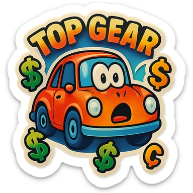 Top Gear sticker with a surprised expression and money symbols, vibrant and dynamic sticker