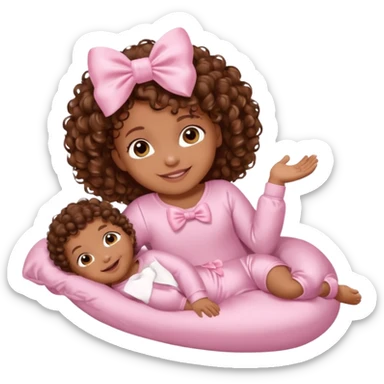 Brown skin baby with brown curly hair down laying down with satin baby pink onesie and white bow sticker