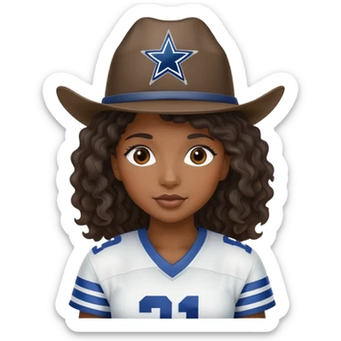 Black girl with wavy hair and a cowboys football hat sticker