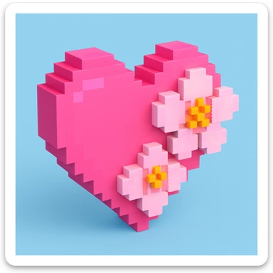 pink heart with sakura flowers, voxel style sticker