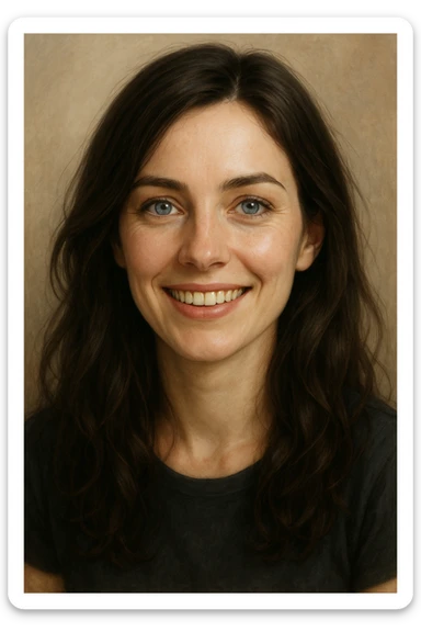 brunette woman with blue eyes smiling, semi-realistic digital art style sticker