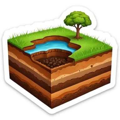 A 3D cartoon cross-section of soil layers with green grass on top, visible brown earth textures, clean white background, smooth and detailed Memoji-style. sticker
