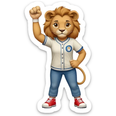 friendly anthropomorphised female lion wearing a baseball shirt, jeans, trainers, standing upright with one fist raised, looking determined and confident sticker
