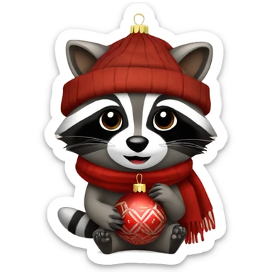 Raccoon with a brown scarf on holding a red ornament  sticker