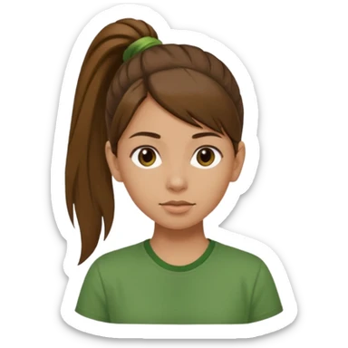 Make a zumba coach emoji, brown eyes, brown hair girl, green shirt with the "the roots" on it, longer pony tail hair sticker