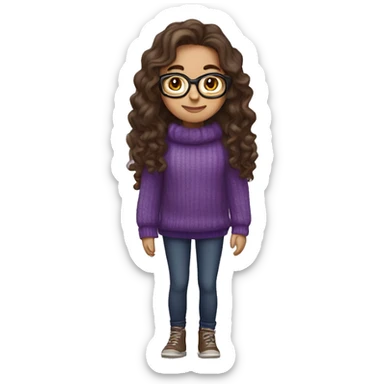 young girl, young hispanic, long brown hair, long curly brown hair, brown eyes, purple winter sweater, glasses, full body sticker