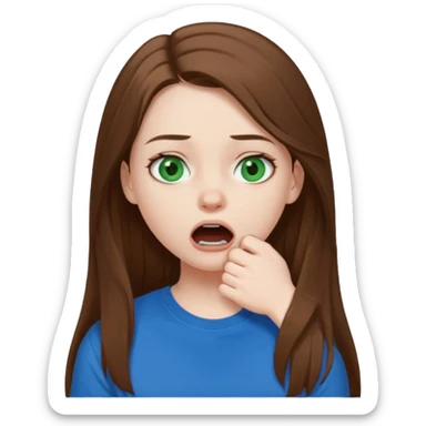 Cute girl with pale skin, long brown hair, dark green eyes and blue t shirt who is chocked sticker