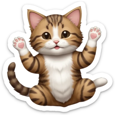 dark brown tabby and white kitten with his eyes closed whilst in funny positions stretched out and  upside down sticker