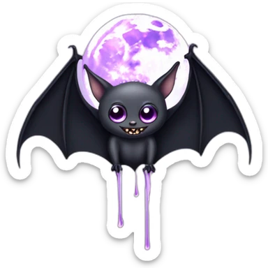 purple black vampire bat pretty eyes wings flying in front of large dripping grey crescent moon sticker