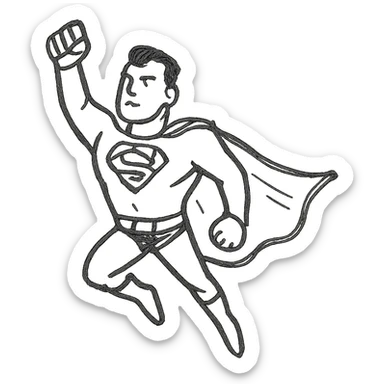 Superman simple lines, cape flowing, classic superhero pose, hand-drawn black outline style sticker