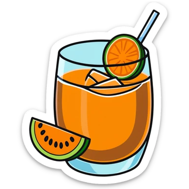 Spanish melón carajillo in a glass with ice, coffee, liquor, and fresh melon pieces sticker