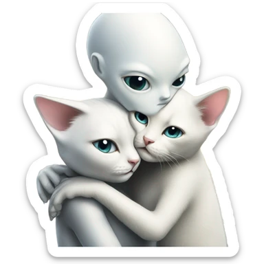 Photo realistic, alien female, kissing and embracing white cat, sticker