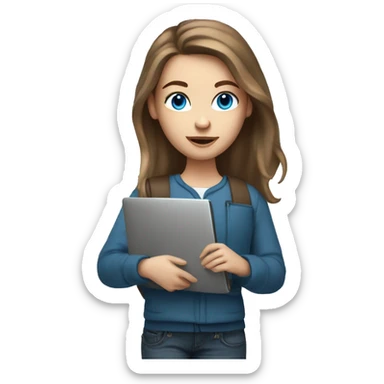 caucasian white IT girl student, holding laptop, blue eyes, brown hair sticker