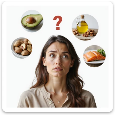 realistic woman with confused expression, surrounded by realistic icons of healthy fats (avocado, olive oil, nuts, salmon), question mark above head, hyperrealistic details, natural light, PNG without background, variant 1 sticker