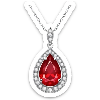 teardrop ruby pendant glowing fiery red, set in a delicate silver chain with a halo of shimmering white stones sticker