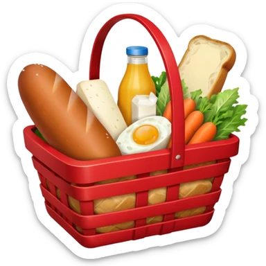 red basket with groceries: milk, bread, sausage, eggs, potatoes, carrots, onions, cabbage sticker