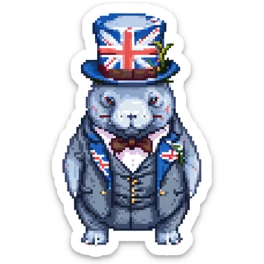 British manatee with bowler hat and monocle, Union Jack flag, pixel art style sticker