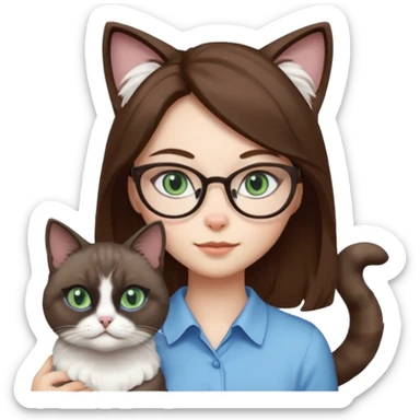 O data cu parul saten ,ochii griji-albastrii ,ochelari și codițe de pisica ..și langa o pisicuță alba pufoasa ,cu ochii verzi și o a doua pisica siameza pufoasa cu capul maro -negru și coada ,restul corpului un maro deschis spre alb  , ochii albaștrii sticker