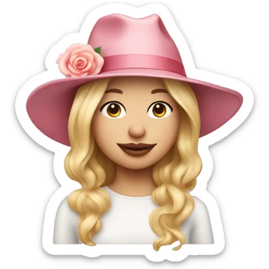 A blonde girl with rose pig nose and hat sticker