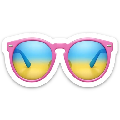 pink sunglasses with different lens, one blue and the other yellow  sticker