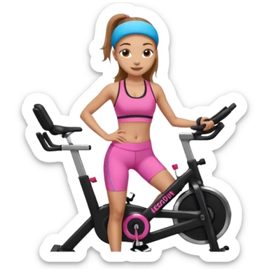 Light skin girl with long light brown hair in a pony tail, black workout set leaning on a indoor spin bike with NO HELMET, can we add a pink sports bra that says HOT GIRL CYCLE CLUB sticker