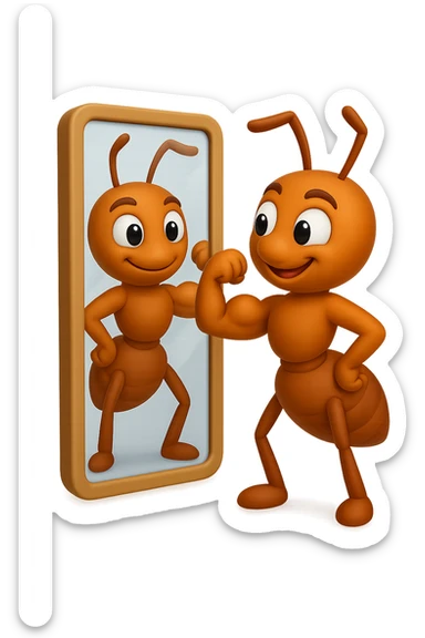 EMOJI STILE IPHONE 3D DI una formica che si guarda allo specchio felice e sicura di sè mentre contrae il suo bicipite muscoloso, fagli anche la parte bianca degli OCCHI, non solo la pupilla sticker