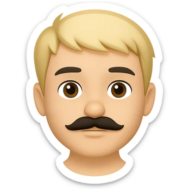 Make the mustache smaller, keep short messy blond hair, emoji style, preserve transparent background, neutral expression. The style should resemble apple style emojis with concise prompt focus. sticker