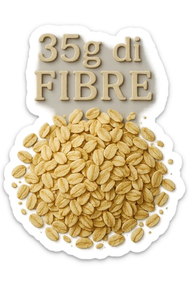 FIOCCHI DI AVENA VISTI DALL'ALTO E LA SCRITTA "35g di FIBRE" IN RILIEVO, IPERREALISTICO 4K sticker