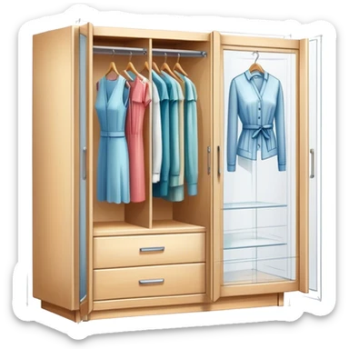 Icon for Furniture Design: a semi-transparent sketch of a wardrobe with a 3D model, pencil strokes, and development metrics. Without dress. The icon should represent the process of creating and refining furniture design. Transparent background. sticker