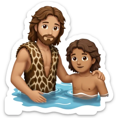 wavy hair John the Baptist, animal skin clothes, meets Jesus in the water sticker