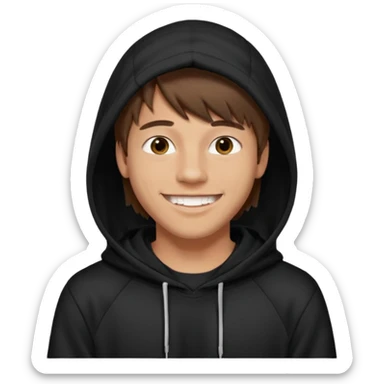 20 yr old man, brown hair, straight, big smile, white teeth, tanned skin, bangs, black hooded sweatshirt, long hair in back sticker